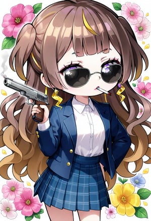 1girl, solo,((anya melfissa )), jewelry,holding a gun.  skirt, smoke, jacket, chibi, sunglasses, joyful,   , earrings, shirt, cigarette, brown hair, smoking, looking at viewer, blue jacket, floral background, white shirt, pleated skirt, long sleeves, blue skirt,     , collared shirt, flower, open jacket, mouth hold, open clothes