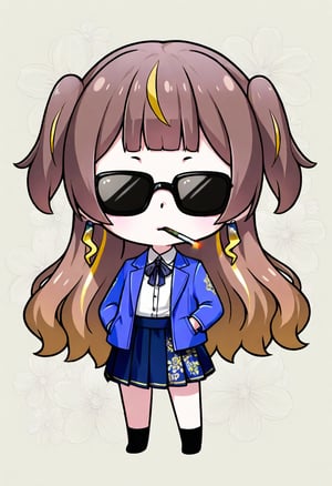 1girl, solo,((anya melfissa )), jewelry, skirt, smoke, jacket, chibi, sunglasses, joyful,   , earrings, shirt, cigarette, brown hair, smoking, looking at viewer, blue jacket, floral background, white shirt, pleated skirt, long sleeves, blue skirt,     , collared shirt, flower, open jacket, mouth hold, open clothes