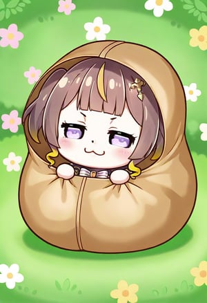 1girl, solo,((anya melfissa )),  potato race, doing a sack race, field, children,inside a bag,  :3, chibi, smug, happy,  floral background