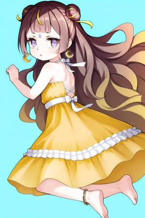 1girl, solo,((anya melfissa )),  1girl, solo, long hair, crescent, dress, barefoot, double bun, jewelry, , , forehead mark, yellow dress,  looking at viewer,  very long hair, anklet, crescent earrings, blue background
