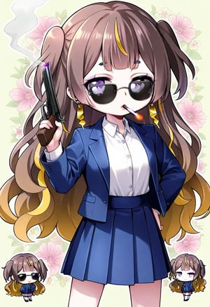 1girl, solo,((anya melfissa )), jewelry,holding a gun.  skirt, smoke, jacket, chibi, sunglasses, joyful,   , earrings, shirt, cigarette, brown hair, smoking, holding a dagger, looking at viewer, blue jacket, floral background, white shirt, pleated skirt, long sleeves, blue skirt,     , collared shirt, flower, open jacket, mouth hold, open clothes