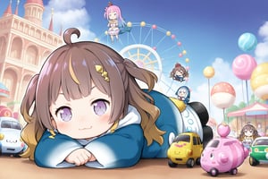 solo focus, masterpiece, best quality, high quality, (((3girl)))  BREAK,  (anya melfissa, himemori luna, gawr gura)  ,best quality, extremely detailed, best quality, amusement park,
,  ,   , (loli,chibi), :3, ((bumper cars ))