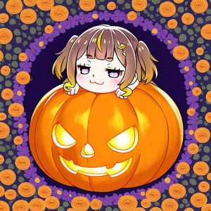 1girl, solo,((anya melfissa )),  hallowen, pumpkin, inside an pumpkin, pumpkinshell, big pumpkin, cracked pumpkin, ,  :3, chibi, smug, happy,  floral background