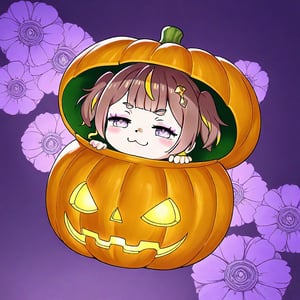 1girl, solo,((anya melfissa )),  hallowen, pumpkin, inside an pumpkin, pumpkinshell, big pumpkin, cracked pumpkin, ,  :3, chibi, smug, happy,  floral background