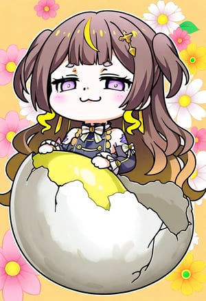 1girl, solo,((anya melfissa )),  egg, inside an egg, egg shell, big egg, cracked egg, eggcelent,  :3, chibi, smug, happy,  floral background