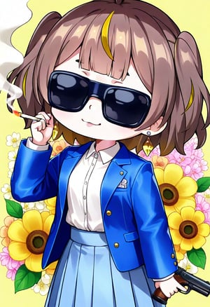 1girl, solo,((anya melfissa )), jewelry,holding a gun.  skirt, smoke, jacket, chibi, sunglasses, joyful,   , earrings, shirt, cigarette, brown hair, smoking, looking at viewer, blue jacket, floral background, white shirt, pleated skirt, long sleeves, blue skirt,     , collared shirt, flower, open jacket, mouth hold, open clothes