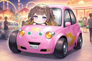 solo focus, masterpiece, best quality, high quality, 1girl,best quality, extremely detailed, best quality, amusement park,  (anya melfissa) 
hololive, purple eyes, ,   , (loli,chibi), :3, ((bumper cars ))