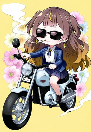 1girl, solo,((anya melfissa )), jewelry,  riding a motorbike, motorbike helmet,  .wearing a motorbike helmet.:3   skirt, smoke, jacket, chibi, sunglasses, ,   , earrings, shirt, cigarette, brown hair, smoking, looking at viewer, blue jacket, floral background, white shirt, pleated skirt, long sleeves, blue skirt,     , collared shirt, flower, open jacket, 