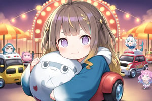 solo focus, masterpiece, best quality, high quality, (((3girl)))   (anya melfissa, himemori luna, gawr gura)  ,best quality, extremely detailed, best quality, amusement park,
hololive, purple eyes, ,   , (loli,chibi), :3, ((bumper cars ))