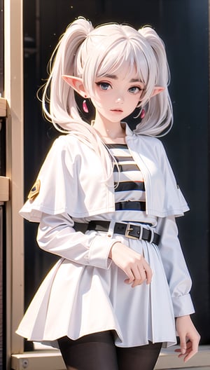 FrierenBase, twintails, earrings, white capelet, ((striped shirt)), white skirt, long sleeves, belt, (((black pantyhose)), long hair, white hair, twintails, pointy ears, earrings, thick eyebrows, white capelet, striped shirt, long sleeves, belt, white skirt, ((black pantyhose)) ,(((PORTRAIT)))