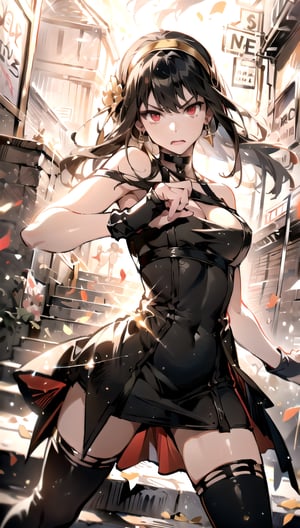 aayorf, sidelocks, gold hairband, hair ornament, red eyes, gold earring, large breasts, choker, bare shoulders, black dress, two-sided dress, fingerless gloves, thigh boots, generate an image where you see Yor in epic form ready to attack, showing speed and strength, angry and ready for anything generate an image where you see Yor in epic form ready to attack, showing speed and strength, angry and ready for anything, night scene ,photo of perfecteyes eyes,perfecteyes eyes,1 girl,realhands