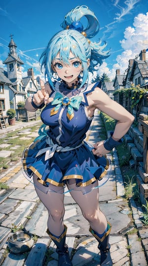 Aqua, the water goddess from the anime "KonoSuba," stands confidently with a vibrant and cheerful expression on her face. She has long, flowing light blue hair tied up in a high ponytail with a blue ribbon. Her large, expressive blue eyes shine with mischief and energy. Aqua wears a distinctive outfit featuring a sleeveless, form-fitting navy blue dress with a short skirt, a light blue bodice adorned with gold trim and a green bow at the neckline, white thigh-high socks, and dark blue boots with white tops and gold accents. A translucent blue sash drapes around her waist, adding a dynamic element to her appearance. Aqua is in a playful pose that reflects her energetic and sometimes overconfident personality. She stands with one hand on her hip and the other hand pointing towards the sky, her fingers forming a peace sign. Her stance is slightly tilted, giving her a dynamic and lively look. Her expression is confident and slightly smug, perfectly capturing her character's essence. The background is a scene from the world of "KonoSuba." It features a lush, green landscape with rolling hills and a clear blue sky. In the distance, you can see the town of Axel, with its medieval-style buildings and the iconic adventurer's guild. Additionally, small details such as flying birds and a distant, sparkling river add to the idyllic fantasy setting.,aaaqua, long hair,highres, blue hair,  hair rings, cowboy shot, top view
