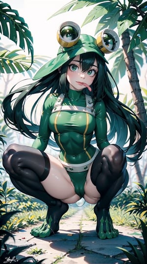 "Generate an image of Tsuyu Asui from 'My Hero Academia'. Tsuyu Asui, also known as Froppy, is depicted with her signature appearance: she has long, dark green hair that reaches her waist and is usually worn down with bangs that frame her face. She has large, round black eyes with a calm and collected expression, and her mouth has a distinct frog-like quality with a long tongue that she often uses in combat.

Tsuyu is wearing her superhero outfit: a green and black skin-tight suit with yellow stripes, designed to resemble a frog. The suit includes a green visor with goggles, which rests on her forehead, a yellow utility belt, and gloves with webbed fingers. She also has webbed flippers on her feet to aid in swimming and agility.

Tsuyu is striking a characteristic pose: she is crouching low to the ground in a frog-like stance, ready to leap. One hand is touching the ground for balance, while the other is slightly raised with her fingers splayed. Her long tongue is extended and wrapped around a branch, showing her readiness to use it for movement or combat. Her expression is focused and determined, with her large eyes scanning her surroundings.

The background is a dense jungle during the day. The setting includes tall trees with thick foliage, vines hanging down, and patches of sunlight filtering through the canopy. The ground is covered in lush vegetation and scattered with leaves and small plants. The atmosphere is vibrant and wild, fitting Tsuyu's agile and adaptable superhero abilities.",asui_tsuyu