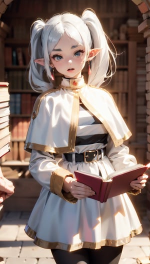 FrierenBase, twintails, earrings, white capelet, ((striped shirt)), white skirt, long sleeves, belt, (((black pantyhose)), long hair, white hair, twintails, pointy ears, earrings, thick eyebrows, white capelet, striped shirt, long sleeves, belt, white skirt, ((black pantyhose)) , generate a very dynamic image where you see frieren (((reading a book))) in a giant medieval library,