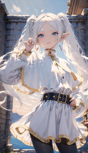 aafrie, long hair, ((white hair)), twintails, pointy ears, earrings, thick eyebrows, white capelet, striped shirt, long sleeves, belt, white skirt, black pantyhose, Generates an image of Frieren exploring an ancient temple, Enhance,photo of perfecteyes eyes,, better pose