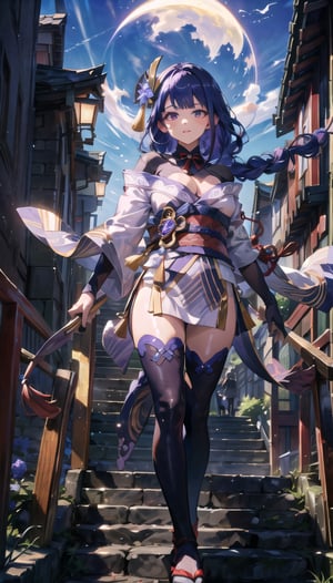 raiden shogun, braid, braided ponytail, hair flower, hair ornament, long hair, mole, mole under eye, (purple eyes:1.1), purple flower, purple hair, single braid, sidelocks, black gloves, black thighhighs, bridal gauntlets, cleavage, gloves, gold trim, japanese clothes, kimono, neck ribbon, neck tassel, obiage, obijime, off shoulder, purple kimono, red ribbon, red sash, ribbon, sash, short kimono, tassel, tassel hair ornament, thighhighs, thighs, vision (genshin impact), zettai ryouiki, generate an image where you can appreciate shogun in his maximum splendor, concentranda invoking a spell, dynamic pose, there is magic in the whole image.  ,raidenshogundef,1 girl, Beautiful face with big eyes,Detailedface,Enhance,Color Booster, cowboyshot, from below sexy pose , ,highres,Anigame ,no_humans,Add more detail