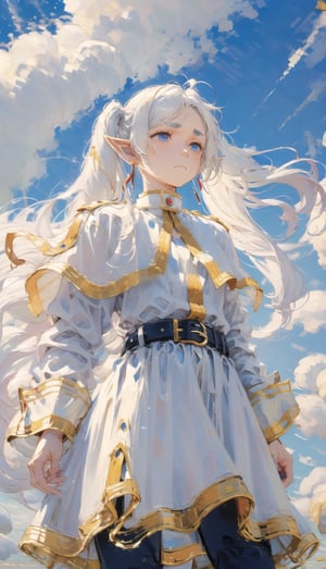 aafrie, long hair, ((white hair)), twintails, pointy ears, earrings, thick eyebrows, white capelet, striped shirt, long sleeves, belt, white skirt, black pantyhose, Generates an image of Frieren, is in a field of flowers, very beautiful, there is a lot of wind, she looks a little ((melancholy, sad)), Enhance,photo of perfecteyes eyes, from below, better pose,post-Impressionist,fantasy art,ingling,Enhance,frieren,zaum