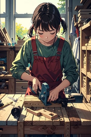 young girl, woodworking, workshop, sawing, hard at work,
