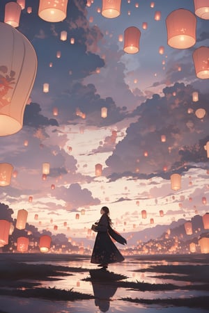 (masterpiece, best quality, highres:1.3), (1girl:1.3), ((solo)), lantern festival, traditional clothings, sky full of lanterns, breathtaking, volumetric light