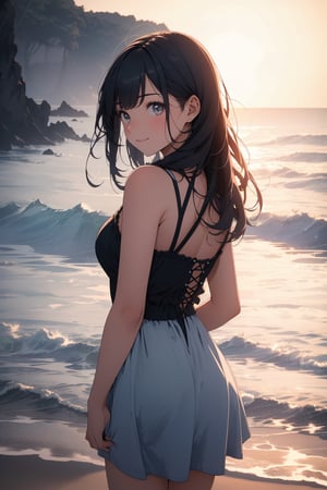 (masterpiece, best quality, highres:1.3), (1girl:1.3), ((solo)), sunset, beach, sundress, in the distance looking back at camera, joyful