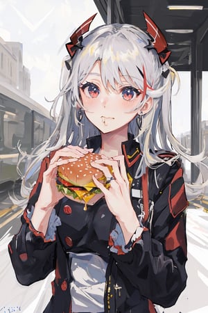 (masterpiece, best quality, highres:1.3), (1girl:1.3), ((solo)), prinz eugen, eating a hamburger, cute, adorable