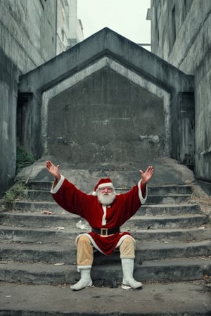 old bum dressed like santa claus sitting with arms raised on bottom of stairs in a dystopian sovietpunk city, depressed face, brutalist architecture, overcast gray day, dirty streets, long shot photo,