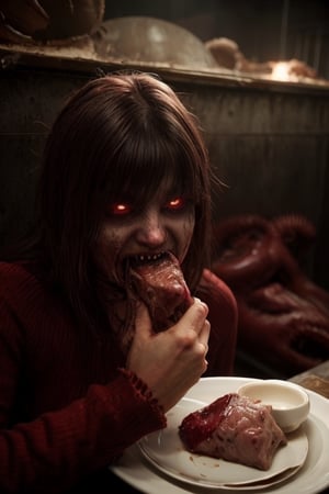 zombie demon girl eating a piece of human heart, a plate of flesh on the table, in a hellish slaughterhouse, cinematic, CarnageStyle,DonMD3m0nV31ns