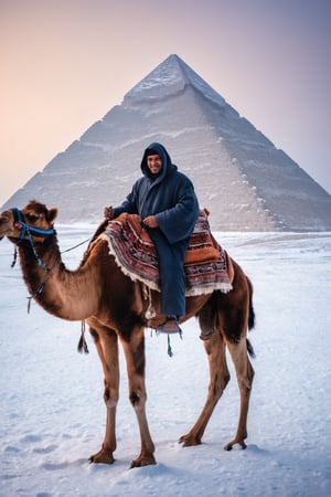 a bedouin wearing a coat on camel in the snow, a made of snow egypt pyramid on the background, winter overcast day at dusk, photo,