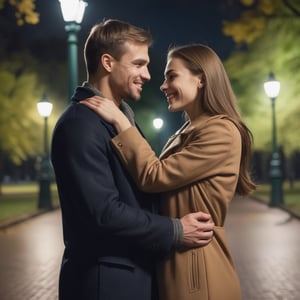 a happy caucasian couple dating in a park at night, half figure, photo