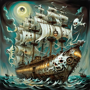 Full of skulls and eyeballs ,Ghost ship, white ship, lots of ghosts, glowing ghost ship, old ghost ship ,Overhead perspective,monster, in the style of esao andrews,steampunk style