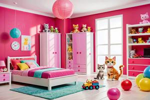 children's room,bedroom, many toys,cute,cartoon,pink color,colorful,dream,cat furniture,Perfect Details,Ultra HD,light background