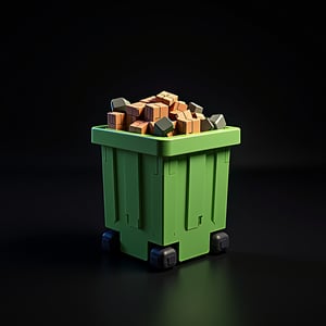 Garbage, in Minecraft style , front view, Pixar style,cube-shaped blocks in Minecraft style ,Black background