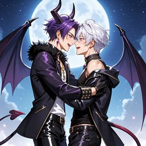 smile, short hair, open mouth, shirt, gloves, jewelry, purple eyes, jacket, tail, purple hair, white hair, male focus, earrings, boots, multiple boys, wings, horns, black gloves, pants, 2boys, off shoulder, black footwear, looking at another, demon horns, demon tail, yaoi, eye contact, demon wings, hand on another's face, demon boy

A poignant scene unfolds under the soft glow of a full moon, casting an ethereal light on the tender moment between two men embracing. The darkened silhouette of their figures is dramatically illuminated from behind by the lunar beam, while above, a tapestry of stars twinkles in the night sky. In the background, subtle hints of angelic and demonic forms dance, their presence felt rather than seen, as if the very fabric of heaven and hell has blurred to reveal this intimate, human moment.
whole body
cool colors