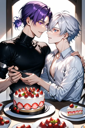 short hair, blue eyes, holding, purple eyes, purple hair, white hair, male focus, food,  2boys, looking at another,  yaoi, short ponytail, cake, strawberry, bishounen, 