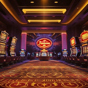 Here's a prompt based on your description:

Create an image of a luxurious casino bathed in a warm golden light. The scene is captured with a wide-angle lens, showcasing the grandeur of the room. Neon lights shine through windows, casting a brilliant glow on walls and ceiling. Decorative neon patterns dance across walls, while strips on the ceiling create a pervasive brightness. Vintage-style carpet featuring intricate patterns covers the floor, complementing the golden tone. At the center, a large gambling table stands out, surrounded by rows of slot machines flashing with colorful lights and sounds, and card tables awaiting their next game. The entire scene radiates luxury and splendor, a dazzling visual effect.