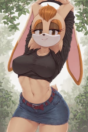 score_9, score_8_up, score_7_up, score_6_up, score_5_up, score_4_up, (Source sonic), (rating safe), vanilla the rabbit, 1girl, solo, outside, wearing black jeans, black shirt, jacket, large breasts, brown eyes, looking at viewer, standing, outside, trees, fall weather,  , wide hips, rabbit girl, short hair, body fur, hands on hips, anime style,flashing belly,cammystretch, stretching,leaning forward,arms up,stomach_punch,skirt,belt