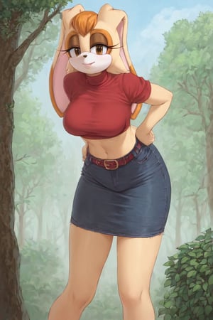 score_9, score_8_up, score_7_up, score_6_up, score_5_up, score_4_up, (Source sonic), (rating safe), vanilla the rabbit, 1girl, solo, outside, wearing black jeans, red shirt, jacket, large breasts, brown eyes, looking at viewer, standing, outside, trees, fall weather,  , wide hips, rabbit girl, short hair, body fur, hands on hips, anime style,flashing belly,cammystretch, stretching,leaning forward,arms up,stomach_punch,skirt,belt