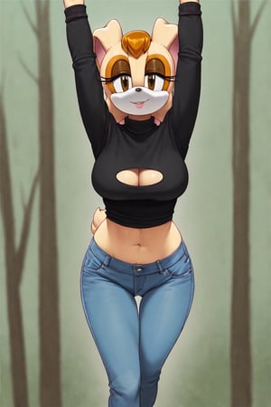 score_9, score_8_up, score_7_up, score_6_up, score_5_up, score_4_up, (Source sonic), (rating safe), vanilla the rabbit, 1girl, solo, outside, wearing blue jeans,  black sweater, shirt cutout, large breasts, brown eyes, looking at viewer, standing, outside, trees, fall weather,  , wide hips, rabbit girl, short hair, body fur, dynamic pose, anime style,flashing belly,cammystretch, stretching,leaning forward,arms up