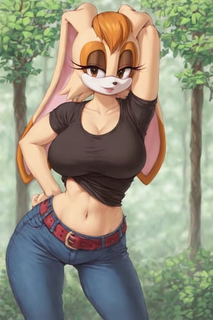 score_9, score_8_up, score_7_up, score_6_up, score_5_up, score_4_up, (Source sonic), (rating safe), vanilla the rabbit, 1girl, solo, outside, wearing black jeans, black shirt, jacket, large breasts, brown eyes, looking at viewer, standing, outside, trees, fall weather,  , wide hips, rabbit girl, short hair, body fur, hands on hips, anime style,flashing belly,cammystretch, stretching,leaning forward,arms up,stomach_punch,skirt,belt