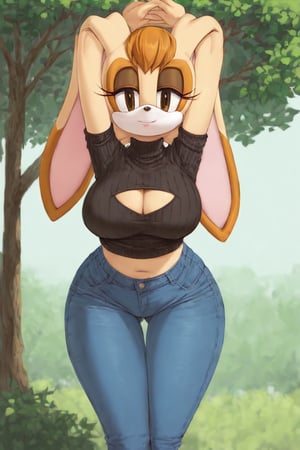 score_9, score_8_up, score_7_up, score_6_up, score_5_up, score_4_up, (Source sonic), (rating safe), vanilla the rabbit, 1girl, solo, outside, wearing blue jeans,  black sweater, shirt cutout, large breasts, brown eyes, looking at viewer, standing, outside, trees, fall weather,  , wide hips, rabbit girl, short hair, body fur, dynamic pose, anime style,flashing belly,cammystretch, stretching,leaning forward,arms up