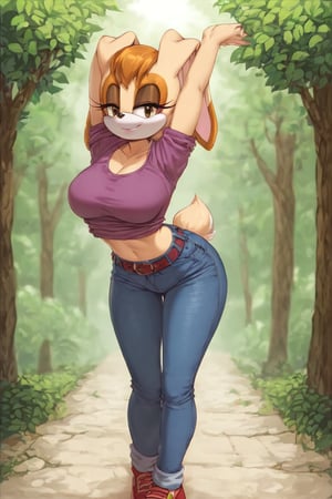 score_9, score_8_up, score_7_up, score_6_up, score_5_up, score_4_up, (Source sonic), (rating safe), vanilla the rabbit, 1girl, solo, outside, wearing black jeans, violet shirt, jacket, large breasts, brown eyes, looking at viewer, standing, outside, trees, fall weather,  , wide hips, rabbit girl, short hair, body fur, hands on hips, anime style,flashing belly,cammystretch, stretching,leaning forward,arms up,stomach_punch,skirt,belt