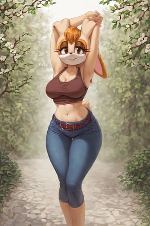 score_9, score_8_up, score_7_up, score_6_up, score_5_up, score_4_up, (Source sonic), (rating safe), vanilla the rabbit, 1girl, solo, outside, wearing black jeans, brown shirt, jacket, large breasts, brown eyes, looking at viewer, standing, outside, trees, fall weather,  , wide hips, rabbit girl, short hair, body fur, hands on hips, anime style,flashing belly,cammystretch, stretching,leaning forward,arms up,stomach_punch,skirt,belt