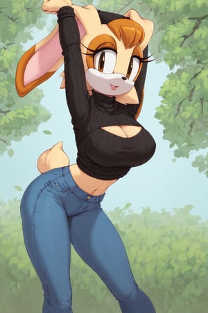 score_9, score_8_up, score_7_up, score_6_up, score_5_up, score_4_up, (Source sonic), (rating safe), vanilla the rabbit, 1girl, solo, outside, wearing blue jeans,  black sweater, shirt cutout, large breasts, brown eyes, looking at viewer, standing, outside, trees, fall weather,  , wide hips, rabbit girl, short hair, body fur, dynamic pose, anime style,flashing belly,cammystretch, stretching,leaning forward,arms up