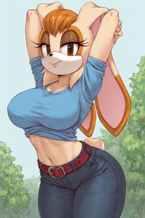 score_9, score_8_up, score_7_up, score_6_up, score_5_up, score_4_up, (Source sonic), (rating safe), vanilla the rabbit, 1girl, solo, outside, wearing black jeans, lilac shirt, jacket, large breasts, brown eyes, looking at viewer, standing, outside, trees, fall weather,  , wide hips, rabbit girl, short hair, body fur, hands on hips, anime style,flashing belly,cammystretch, stretching,leaning forward,arms up,stomach_punch,skirt,belt