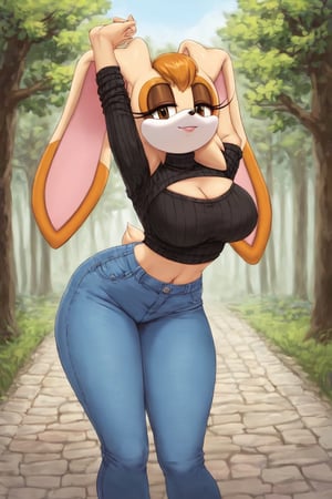 score_9, score_8_up, score_7_up, score_6_up, score_5_up, score_4_up, (Source sonic), (rating safe), vanilla the rabbit, 1girl, solo, outside, wearing blue jeans,  black sweater, shirt cutout, large breasts, brown eyes, looking at viewer, standing, outside, trees, fall weather,  , wide hips, rabbit girl, short hair, body fur, dynamic pose, anime style,flashing belly,cammystretch, stretching,leaning forward,arms up