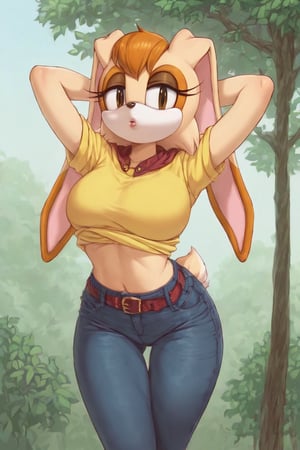 score_9, score_8_up, score_7_up, score_6_up, score_5_up, score_4_up, (Source sonic), (rating safe), vanilla the rabbit, 1girl, solo, outside, wearing black jeans, yellow shirt, jacket, large breasts, brown eyes, looking at viewer, standing, outside, trees, fall weather,  , wide hips, rabbit girl, short hair, body fur, hands on hips, anime style,flashing belly,cammystretch, stretching,leaning forward,arms up,stomach_punch,skirt,belt