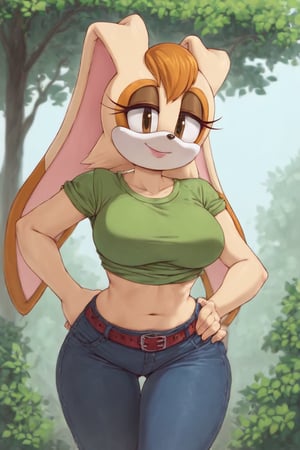 score_9, score_8_up, score_7_up, score_6_up, score_5_up, score_4_up, (Source sonic), (rating safe), vanilla the rabbit, 1girl, solo, outside, wearing black jeans, green shirt, jacket, large breasts, brown eyes, looking at viewer, standing, outside, trees, fall weather,  , wide hips, rabbit girl, short hair, body fur, hands on hips, anime style,flashing belly,cammystretch, stretching,leaning forward,arms up,stomach_punch,skirt,belt