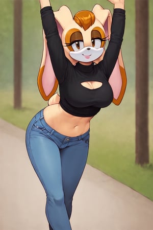 score_9, score_8_up, score_7_up, score_6_up, score_5_up, score_4_up, (Source sonic), (rating safe), vanilla the rabbit, 1girl, solo, outside, wearing blue jeans,  black sweater, shirt cutout, large breasts, brown eyes, looking at viewer, standing, outside, trees, fall weather,  , wide hips, rabbit girl, short hair, body fur, dynamic pose, anime style,flashing belly,cammystretch, stretching,leaning forward,arms up,stomach_punch