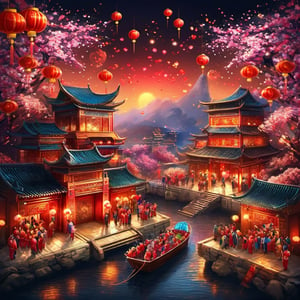 Chinese New Year celebration. Dark background. Activities. Variety and Contrasts. Colorful, beautiful. Photo, realistic, detail, vivid colors, artistic flair. ,glitter,landscape