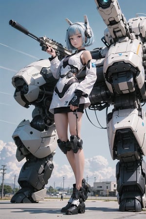 ((8-13yo)),(masterpiece), science fiction, scenery,  1girl, short hair, bangs, aqua hair color, light blue eyes, mecha headgear, sci-fi bodysuits,((Mecha girl:0.8)),(Mecha equipment),(Holding a 600mm caliber sniper rifle),((((Girl bends her knees and stands on top of mecha equipment)))),((The girl prepares to take aim.))